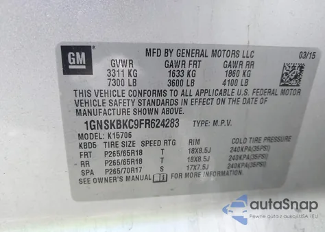 2015 Chevrolet Tahoe Lt z USA, uszkodzony, nr VIN 1GNSKBKC9FR624283